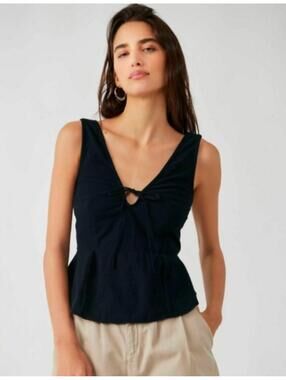 Free People Black Mika Peplum Tank Top Sz S 100% Cotton Boho Festival